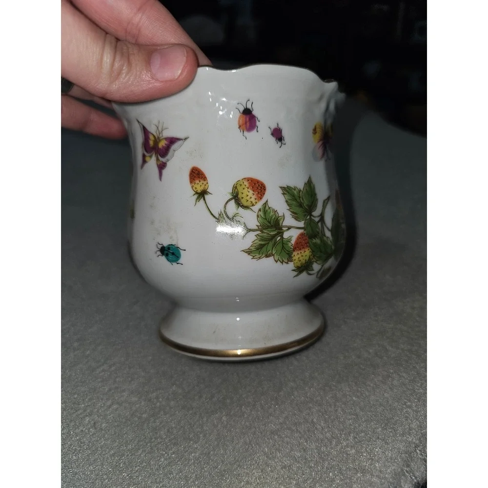 Vintage Ardalt Japan Lenwile China Strawberry Butterfly Beetle Vase  Gold Rim